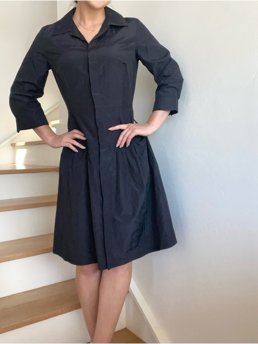 MaxMara Silk Cotton Blend Black Button Front Fit & Flare 3/4 Sleeves Shirt Dress